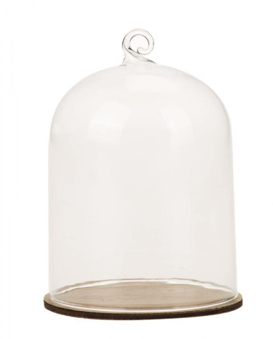 Glazen stolp met hanger op houten plaat